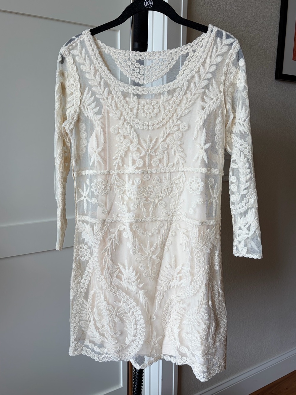 Express Cream Lace Dress Small Sheer Embroidered 3/4 Sleeve Boho
